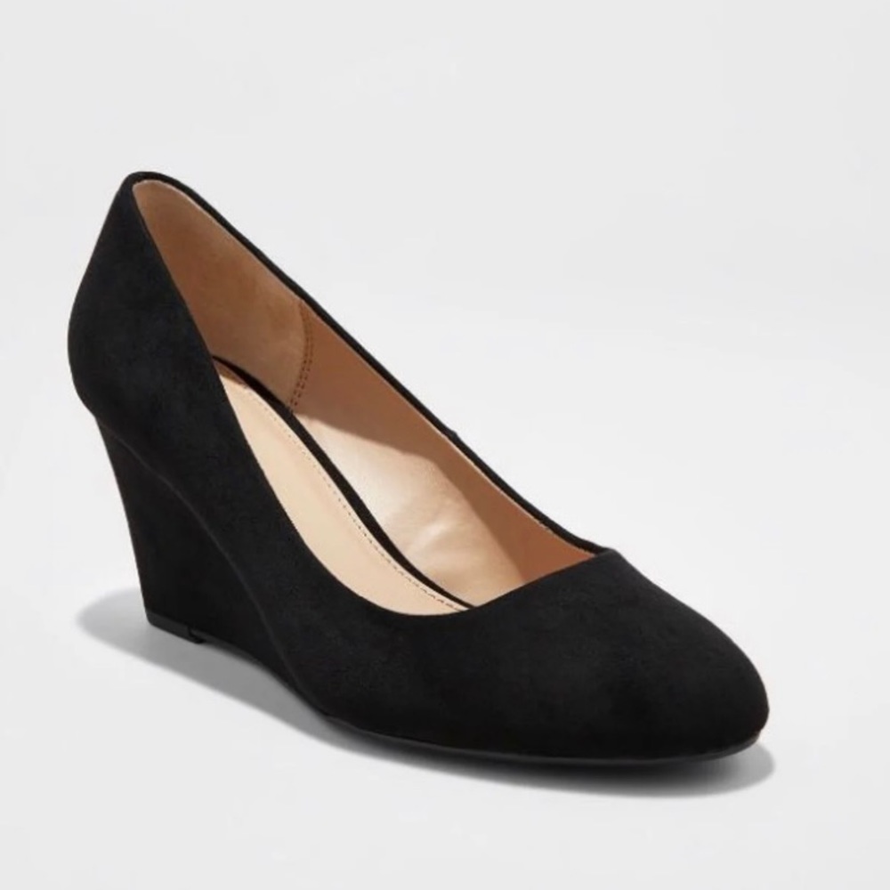 A New Day Dot round toe black wedge pump heel